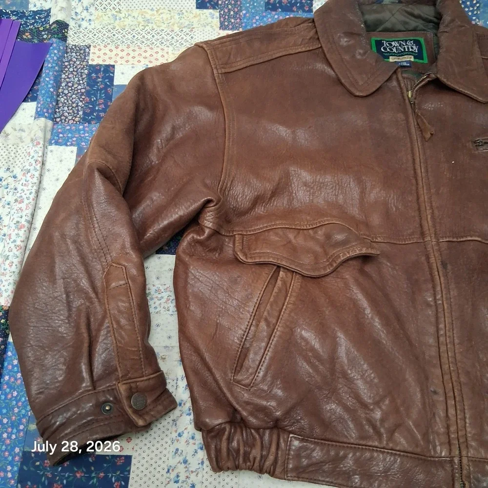Vintage Town Country Gordon Ferguson Mens XL Brown Leather Bomber Jacket Quilted